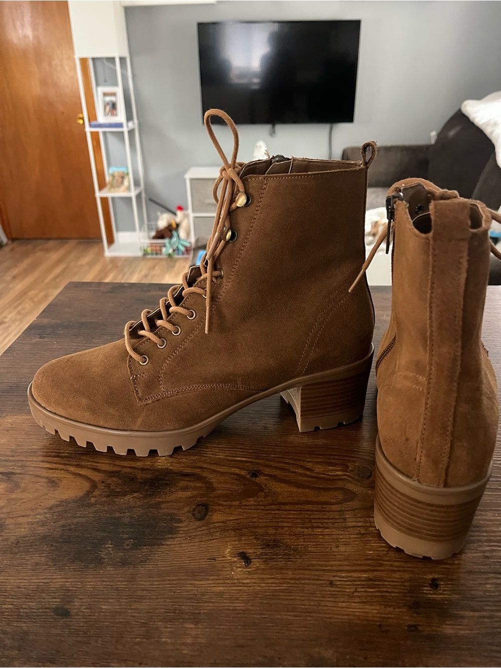 Anne Klein Chestnut Suede Lace-Up Block Heel Boots